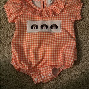 Orange Tennessee Smokey Gingham Baby Romper with Puppy Design